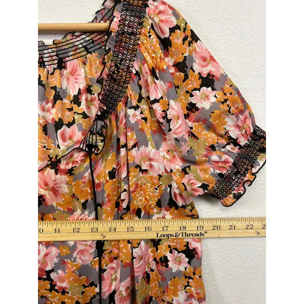 Cottagecore Boho Quintessential Womens Large Pink Orange Floral Peasant Blouse